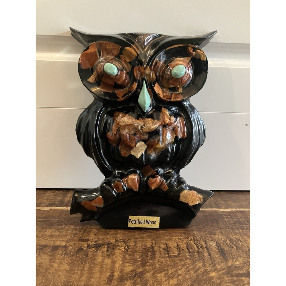 Vintage Petrified Wood Owl Sculpture Resin Stone Inlay Wall Decor Figurine 6"